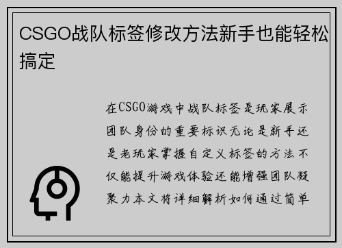 CSGO战队标签修改方法新手也能轻松搞定