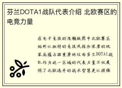 芬兰DOTA1战队代表介绍 北欧赛区的电竞力量